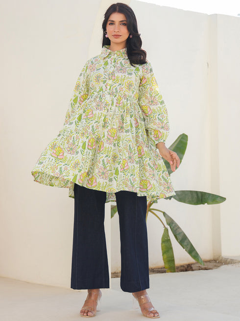 Green Pure Cotton Floral Printed Tiered Maternity Tunic